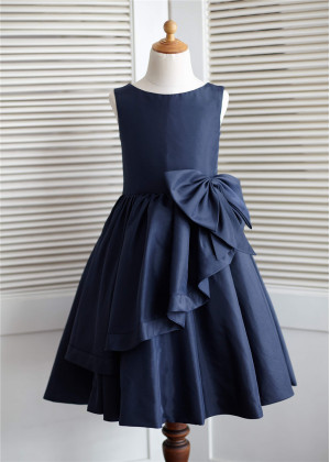 Navy Blue Taffeta Knee Length Flower Girl Dress